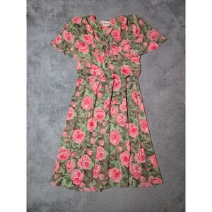 VTG Caroline Wells Collection Floral Rose Print Midi Dress Cottage Core Size 12
